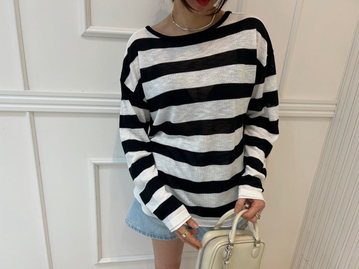Pearls room - Korean Women Fashion - #womensfashion - Stripe X Knit Pullover - 3