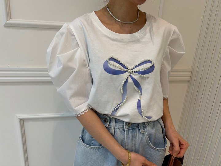 Pearls room - Korean Women Fashion - #womensfashion - Pearl Ribbon Puff Tee - 2