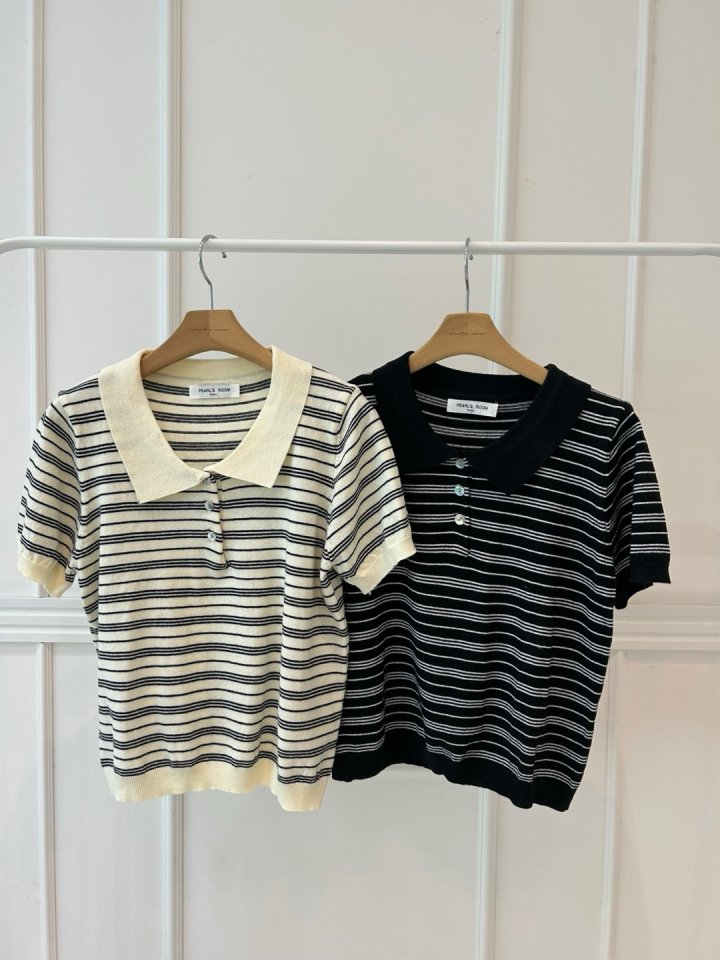 Pearls room - Korean Women Fashion - #womensfashion - Stripe Collar Knit Top - 10