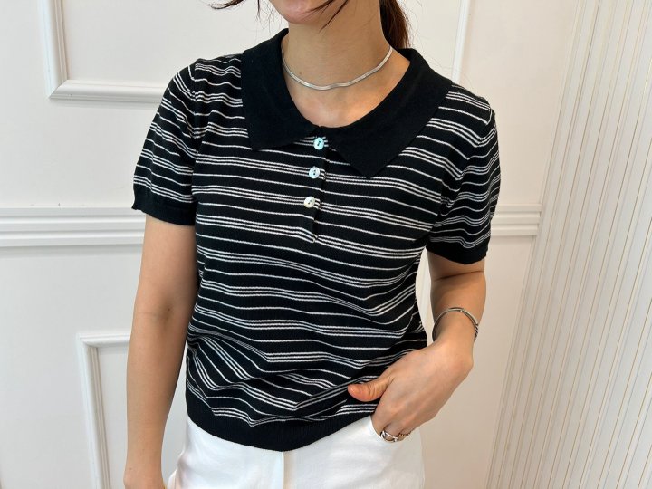Pearls room - Korean Women Fashion - #womensfashion - Stripe Collar Knit Top - 2