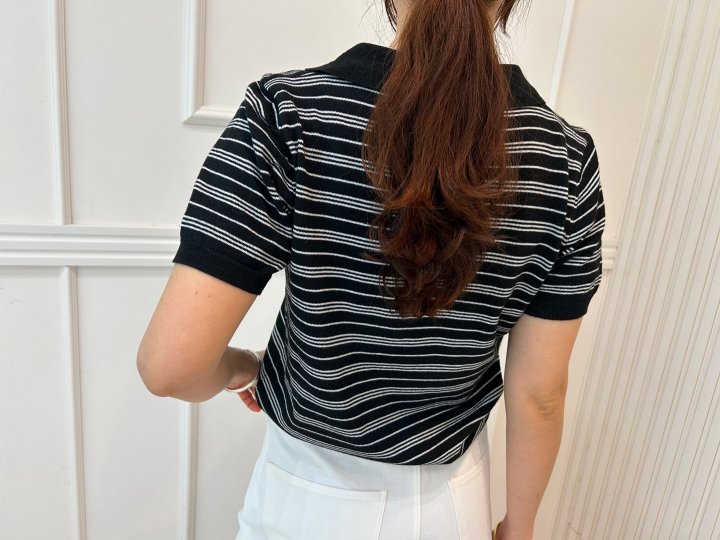 Pearls room - Korean Women Fashion - #momslook - Stripe Collar Knit Top - 4