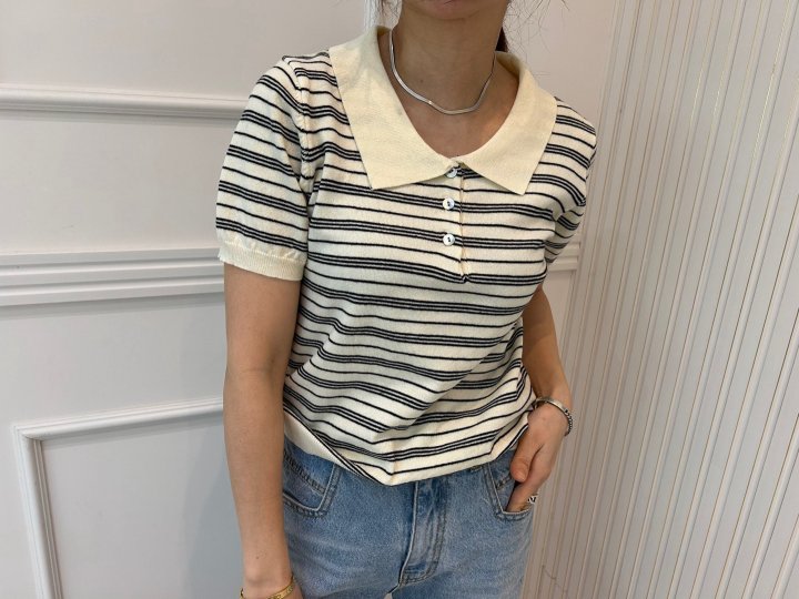 Pearls room - Korean Women Fashion - #womensfashion - Stripe Collar Knit Top - 6