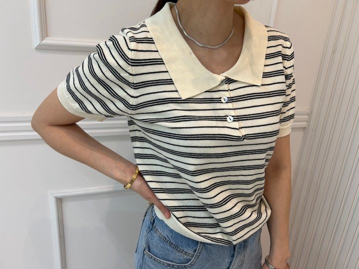 Pearls room - Korean Women Fashion - #womensfashion - Stripe Collar Knit Top - 8