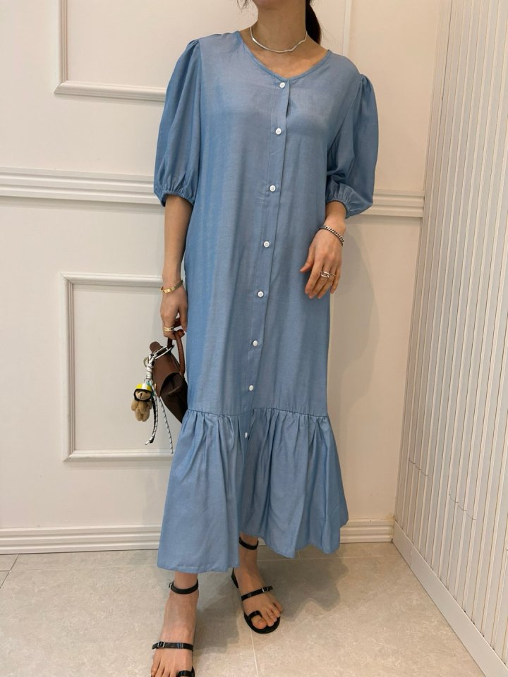 Pearls room - Korean Women Fashion - #womensfashion - Shirring Denim One-piece