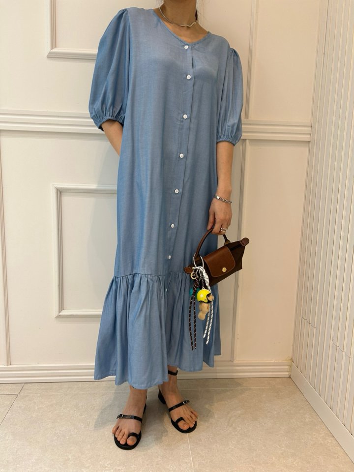 Pearls room - Korean Women Fashion - #womensfashion - Shirring Denim One-piece - 3