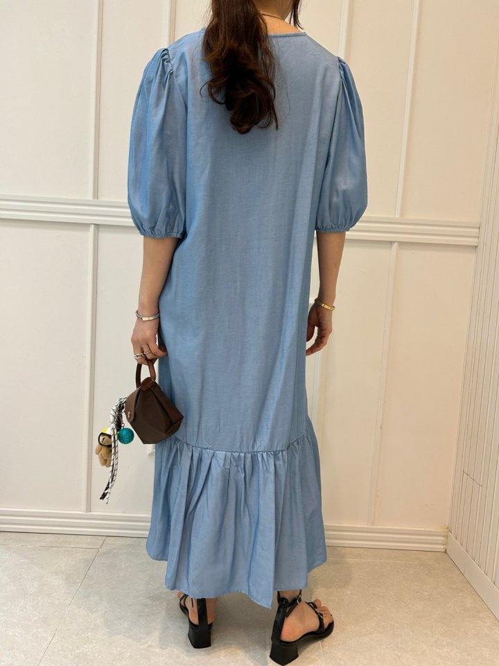 Pearls room - Korean Women Fashion - #womensfashion - Shirring Denim One-piece - 5