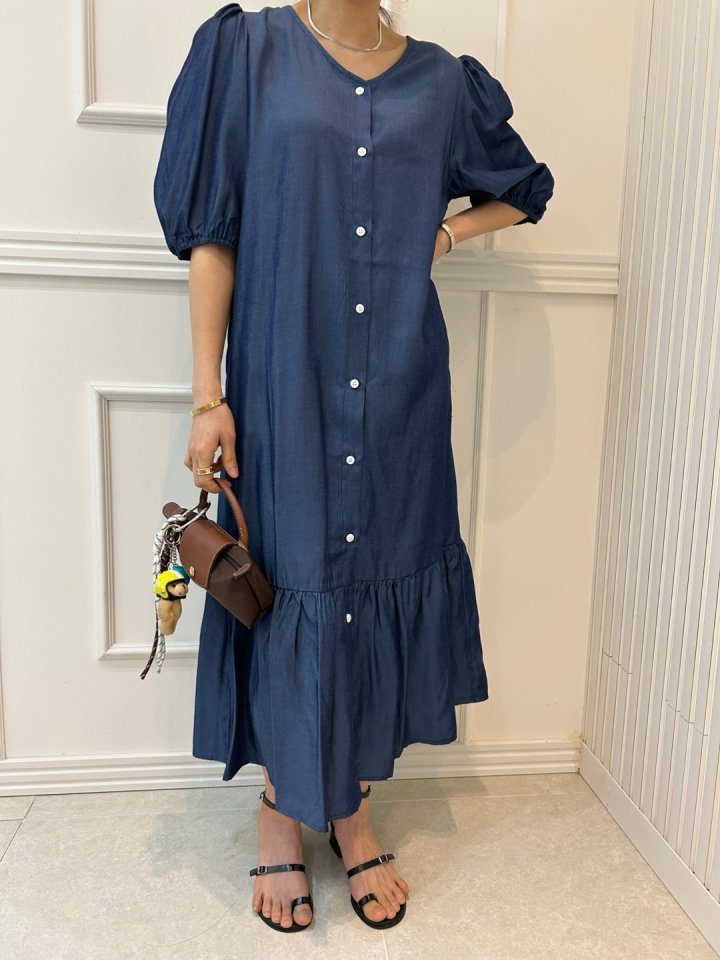 Pearls room - Korean Women Fashion - #womensfashion - Shirring Denim One-piece - 7