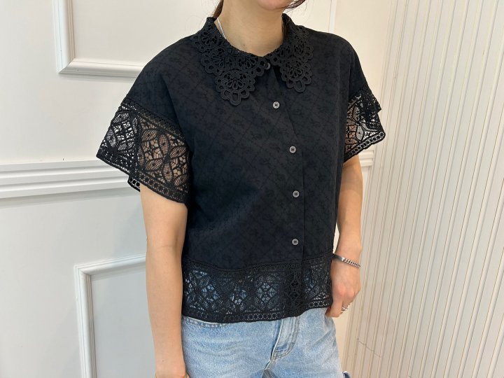 Pearls room - Korean Women Fashion - #womensfashion - Punching Lace Blouse - 3