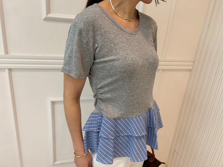 Pearls room - Korean Women Fashion - #womensfashion - Check Frill Tee with Hairband - 2