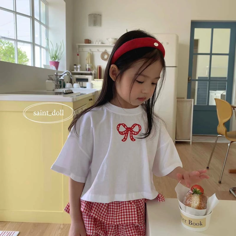 Saint Doll - Korean Children Fashion - #kidsshorts - Check Ribbon Tee - 2