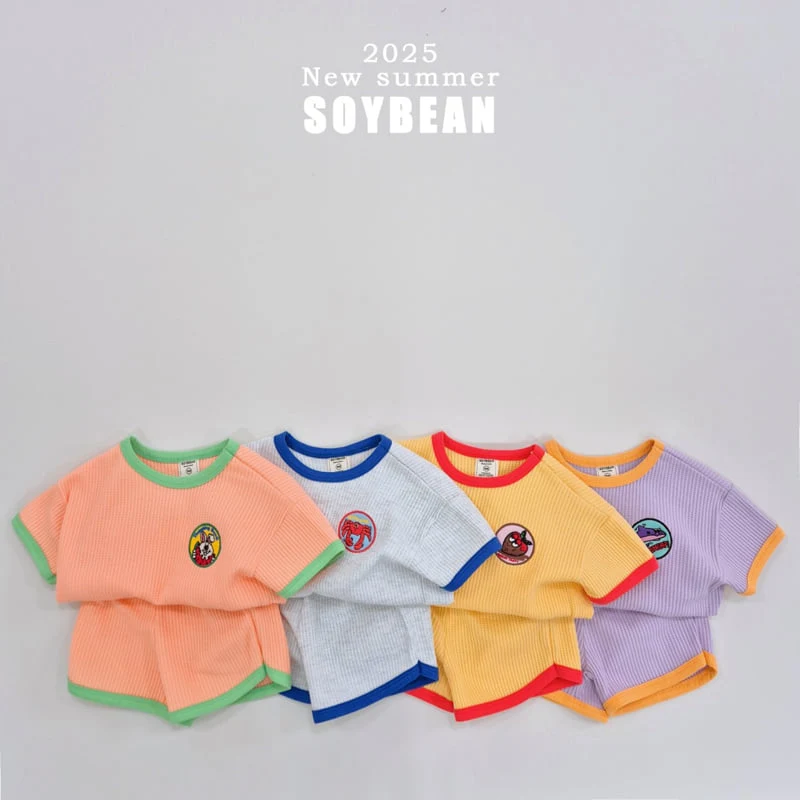 Soybean - Korean Children Fashion - #prettylittlegirls - Waffle Embroidery Top Bottom Set