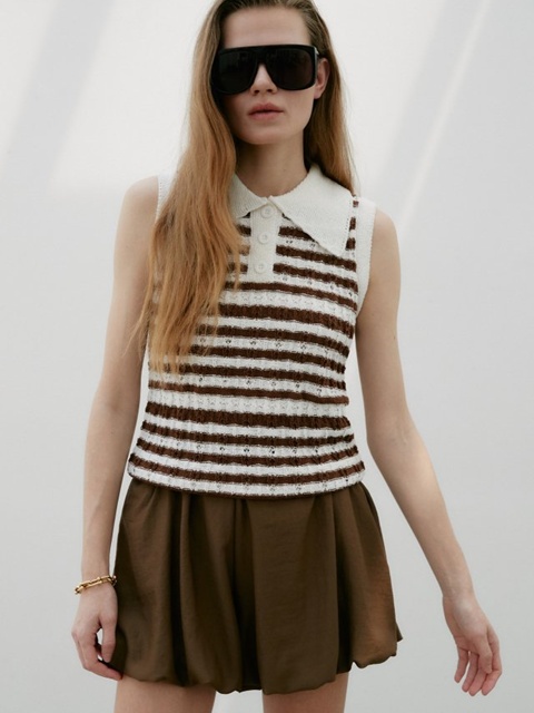 M-Collar Striped Short Sleeve Knit