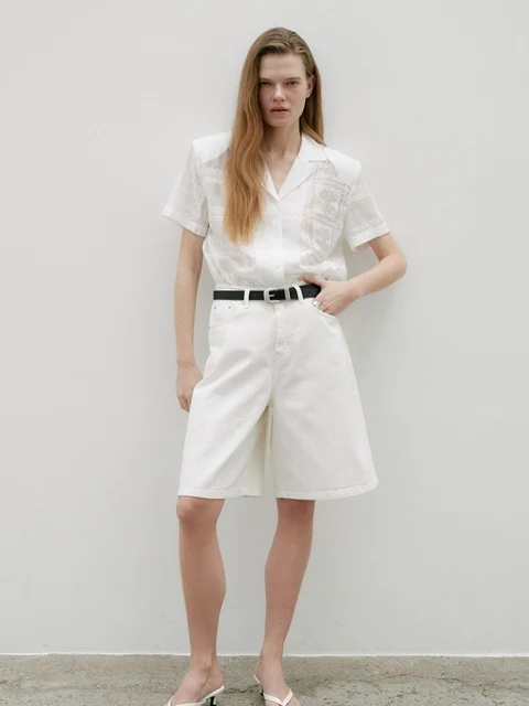 Cream Denim Half Pants