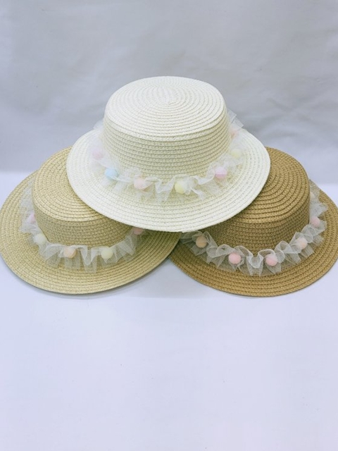 Rainbow Pom Straw Bucket Hat