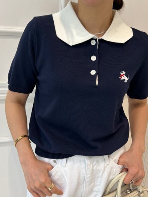 Bold Ribbon Embroidery Short Sleeve Knit