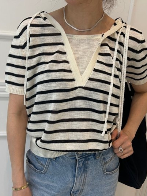 Contrast Hood Short Sleeve Knit