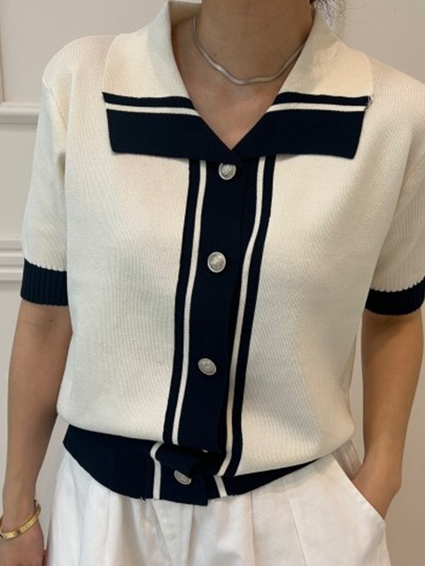Two-Tone Contrast Short Sleeve Knit Cardigan