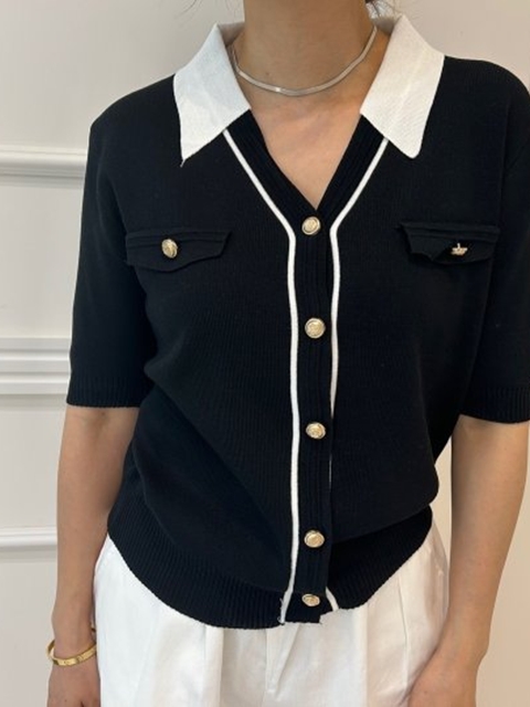 Contrast V Collar Knit Cardigan