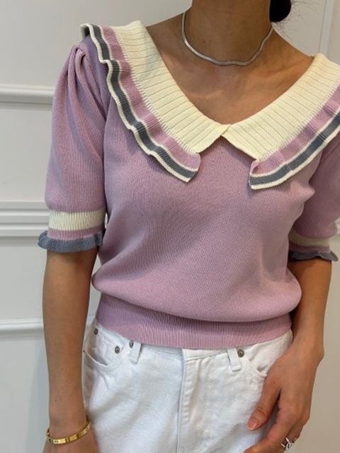 Contrast V Frill Short Sleeve Knit
