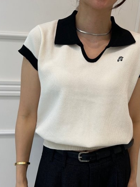 Contrast Embroidery Short Sleeve Collar Knit