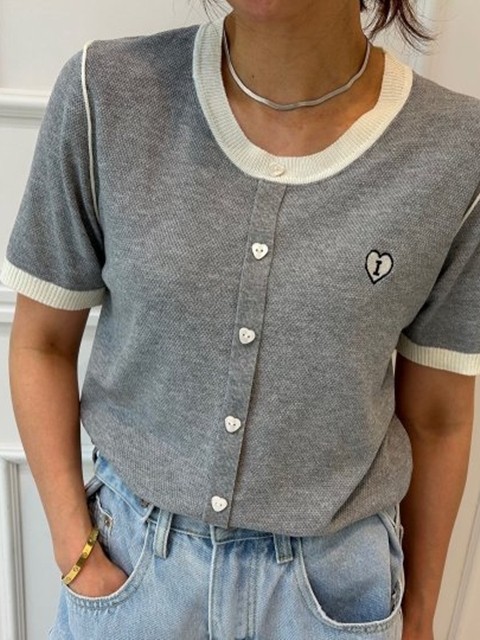 Heart Embroidery Short Sleeve Knit