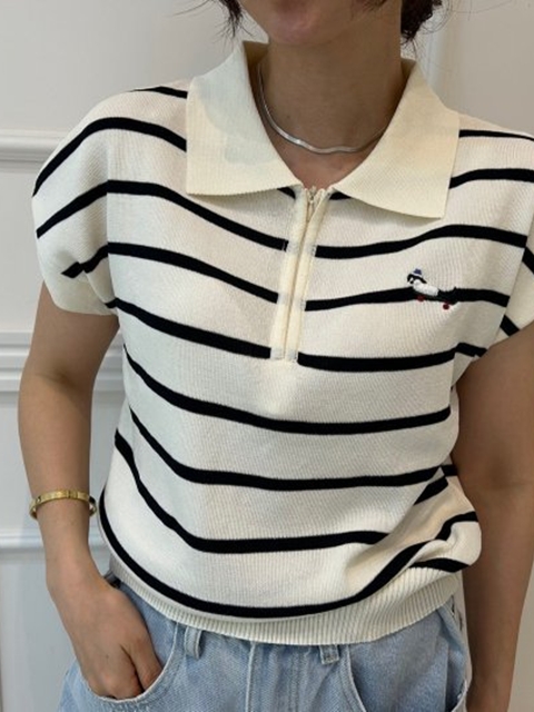 Zipper Embroidery Short Sleeve Knit