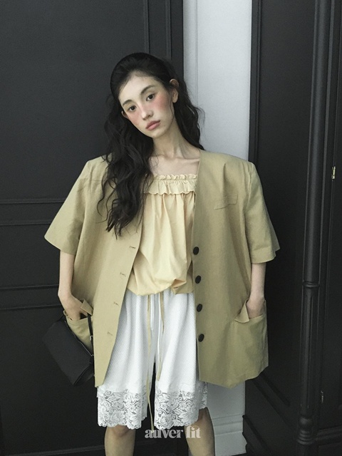 Linen No-Collar Short Jacket