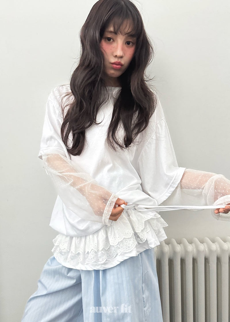 Auver_Fit - Korean Women Fashion - #momslook - Dot Layered Mesh Tee - 10