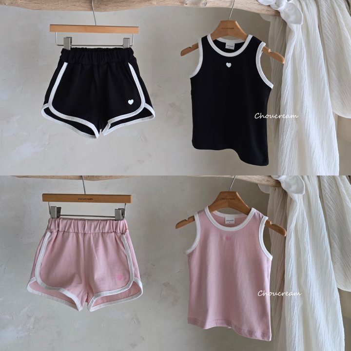 Choucream - Korean Baby Fashion - #babyclothing - Heart Sleeveless Top Bottom Set