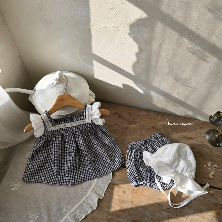 Choucream - Korean Baby Fashion - #babyoutfit - Check Lace Set (Blouse + Bloomer Set)