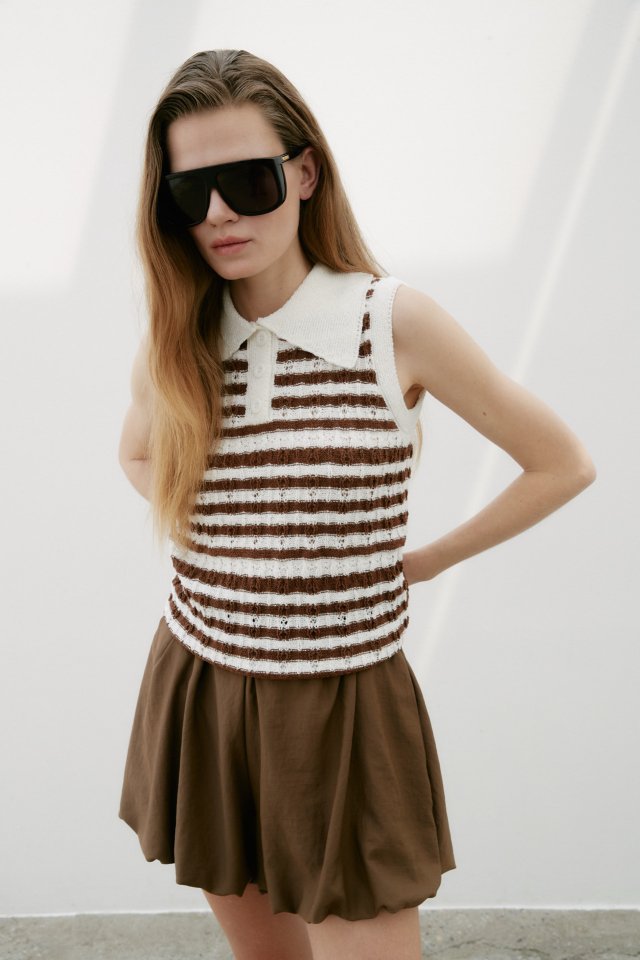 Neroli36 - Korean Women Fashion - #momslook - M-Collar Striped Short Sleeve Knit - 10