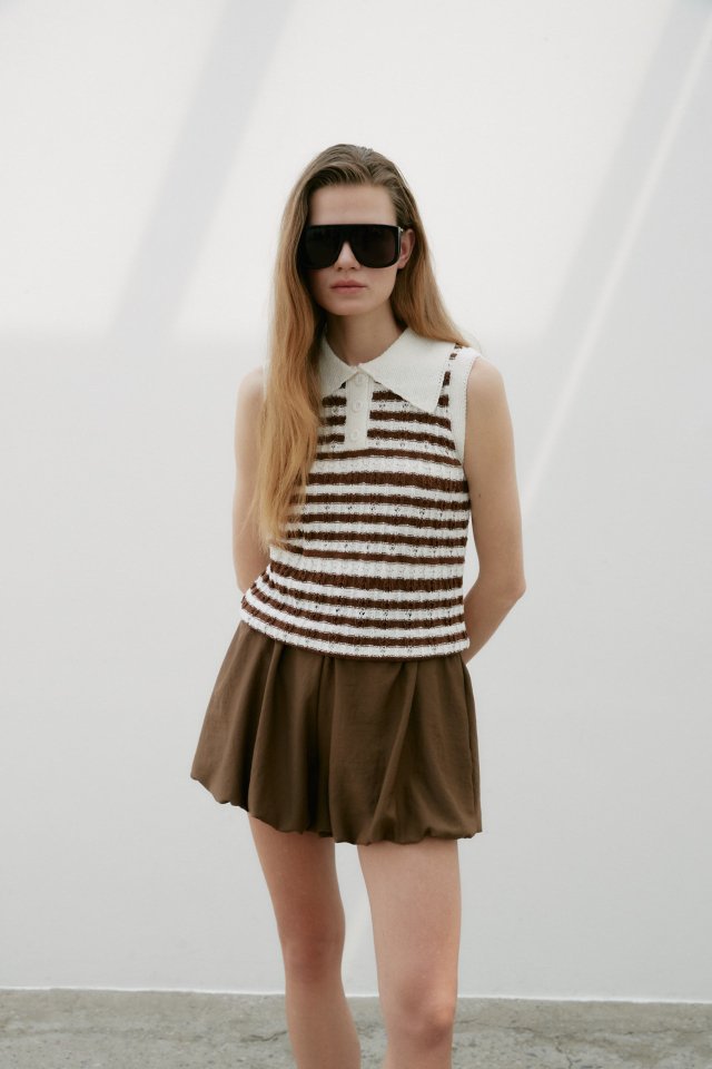 Neroli36 - Korean Women Fashion - #pursuepretty - M-Collar Striped Short Sleeve Knit - 2