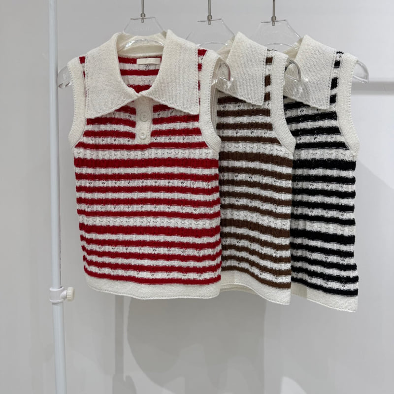Neroli36 - Korean Women Fashion - #vintagekidsstyle - M-Collar Striped Short Sleeve Knit
