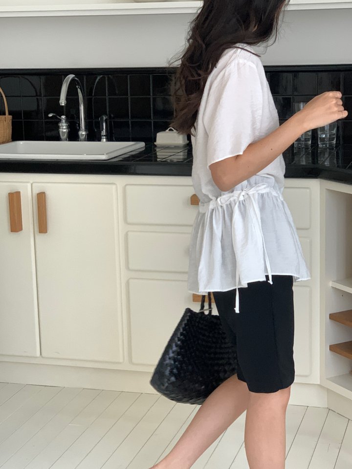 Osense - Korean Women Fashion - #momslook - Plain String Blouse (Short Sleeve) - 2