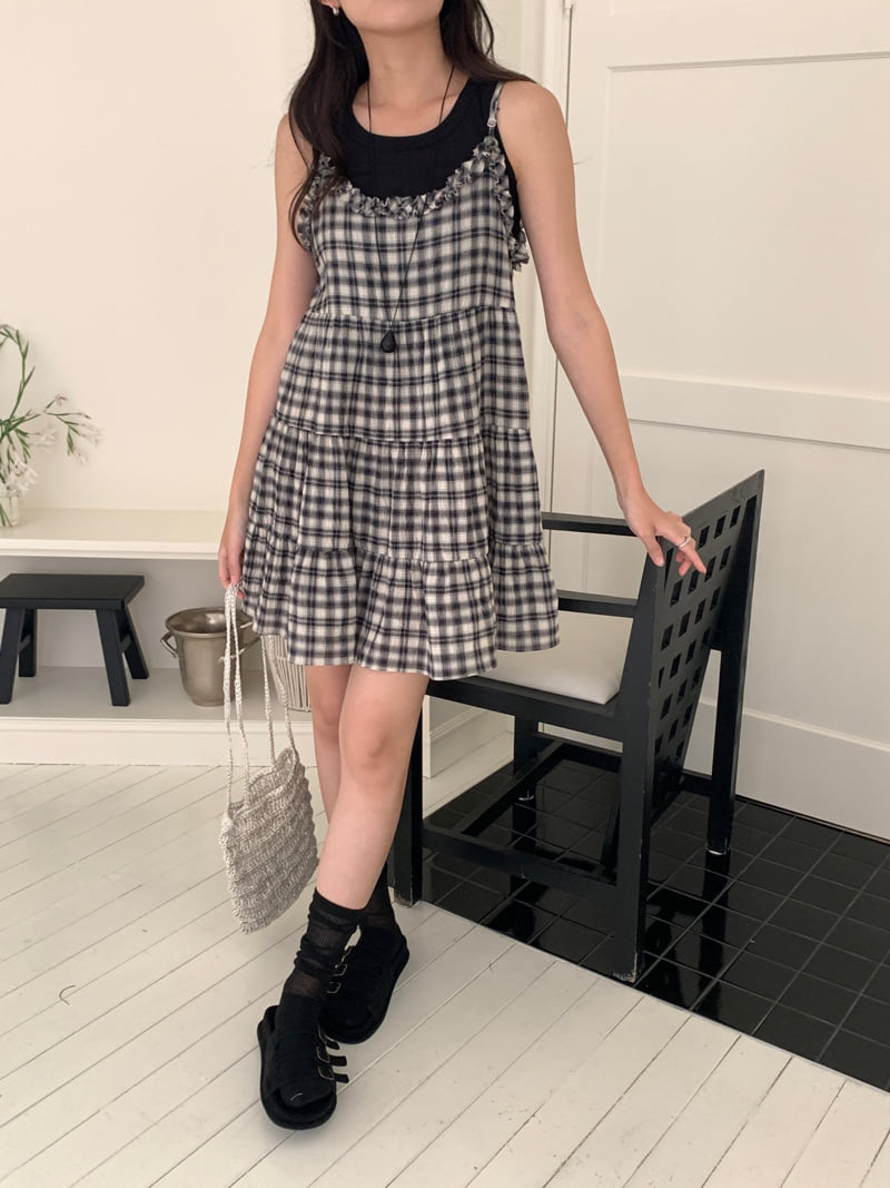 Osense - Korean Women Fashion - #momslook - With Check Tiered Bustier One-piece - 10