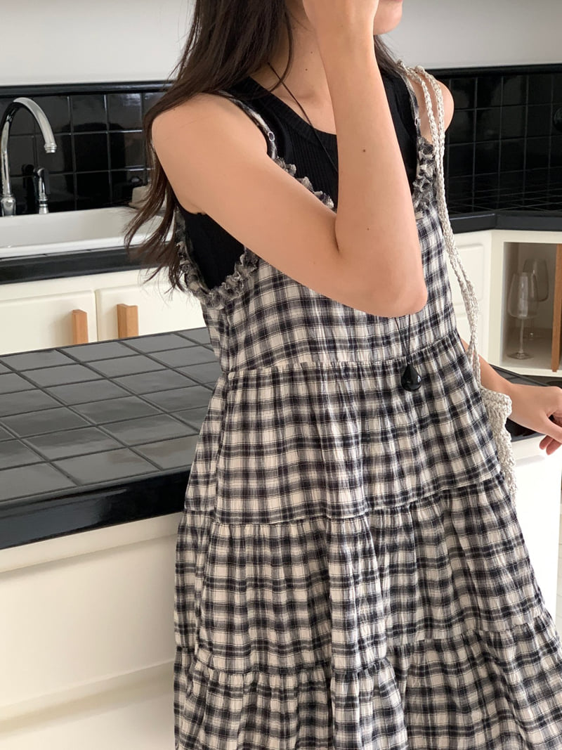 Osense - Korean Women Fashion - #momslook - With Check Tiered Bustier One-piece - 12