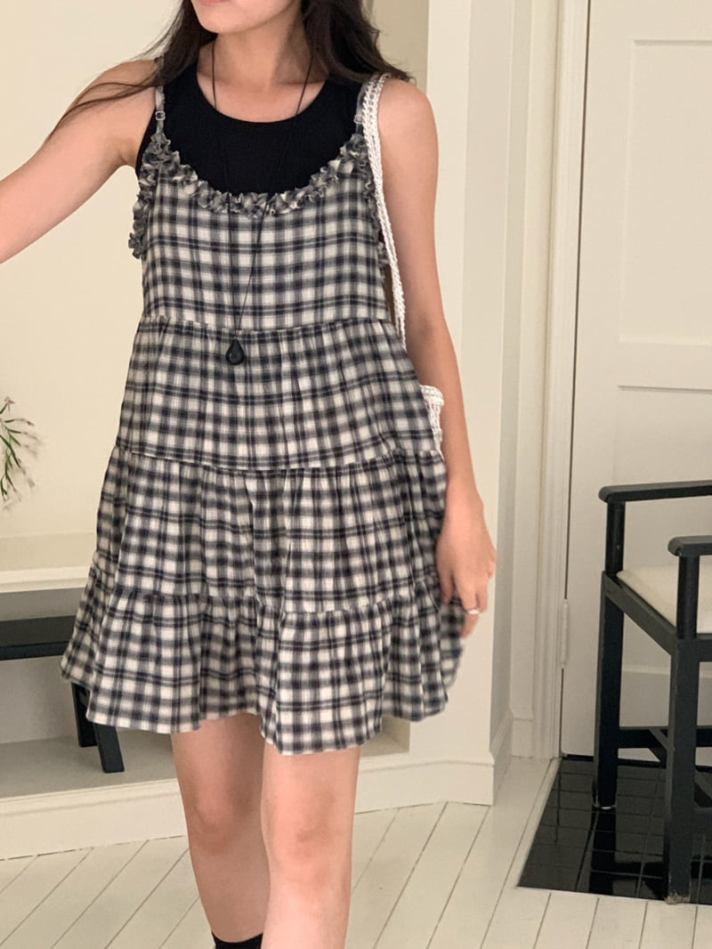 Osense - Korean Women Fashion - #momslook - With Check Tiered Bustier One-piece - 8