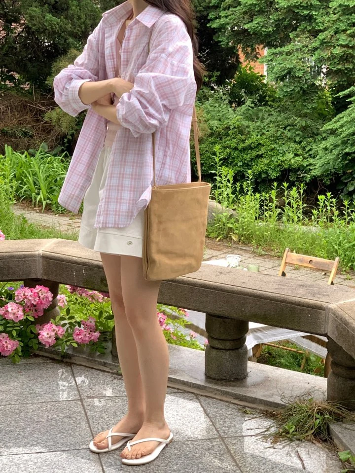 Osense - Korean Women Fashion - #momslook - Parfait Punching Check Shirt - 2