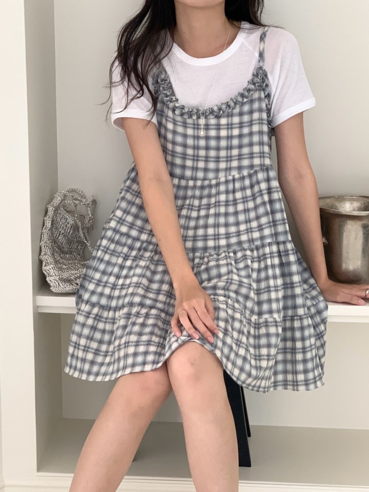 Osense - Korean Women Fashion - #womensfashion - With Check Tiered Bustier One-piece