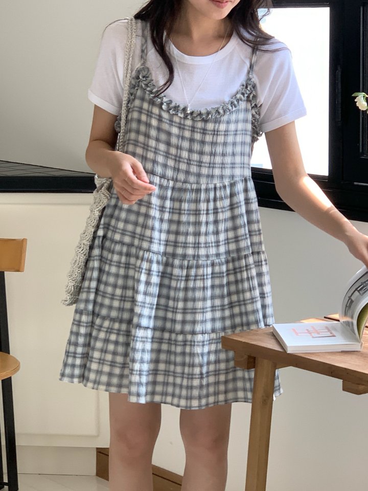 Osense - Korean Women Fashion - #womensfashion - With Check Tiered Bustier One-piece - 3
