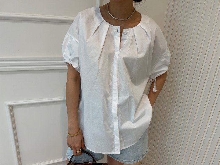 Pearls room - Korean Women Fashion - #momslook - Pintuck Strap Blouse - 2