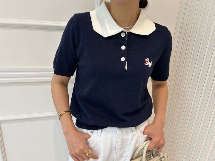Pearls room - Korean Women Fashion - #momslook - Bold Ribbon Embroidery Short Sleeve Knit