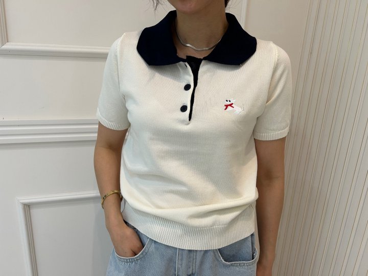 Pearls room - Korean Women Fashion - #momslook - Bold Ribbon Embroidery Short Sleeve Knit - 11