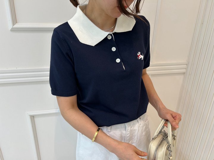Pearls room - Korean Women Fashion - #momslook - Bold Ribbon Embroidery Short Sleeve Knit - 3
