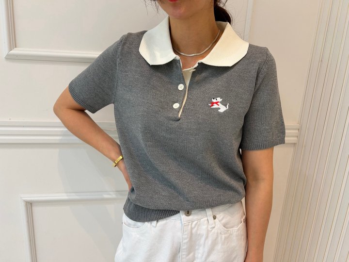 Pearls room - Korean Women Fashion - #momslook - Bold Ribbon Embroidery Short Sleeve Knit - 9