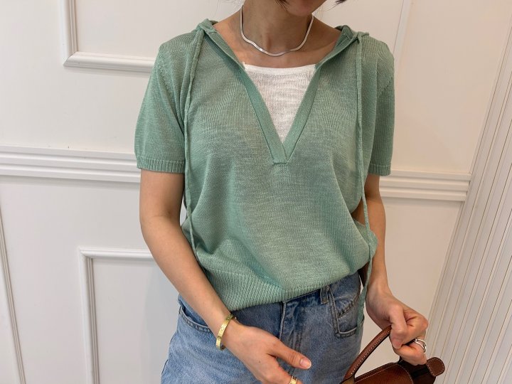 Pearls room - Korean Women Fashion - #momslook - Contrast Hood Short Sleeve Knit - 7