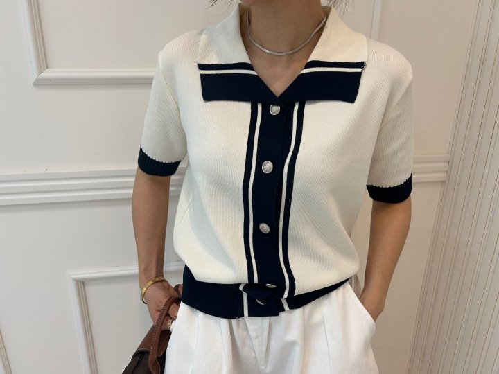 Pearls room - Korean Women Fashion - #momslook - Two-Tone Contrast Short Sleeve Knit Cardigan - 2