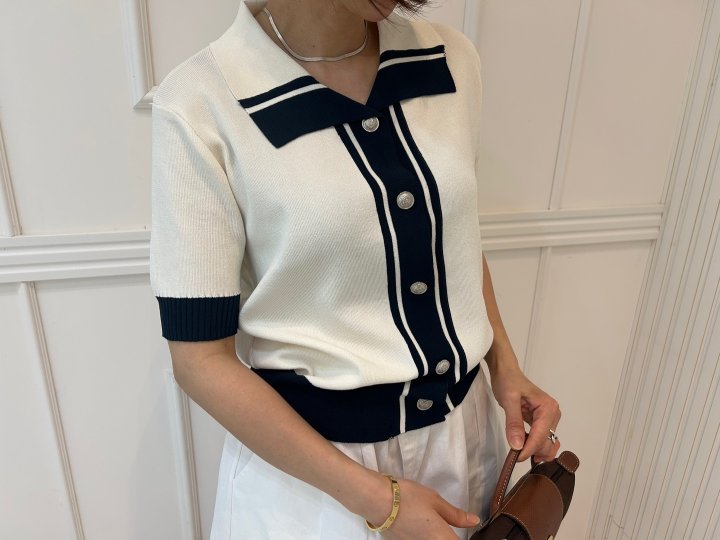 Pearls room - Korean Women Fashion - #womensfashion - Two-Tone Contrast Short Sleeve Knit Cardigan - 4