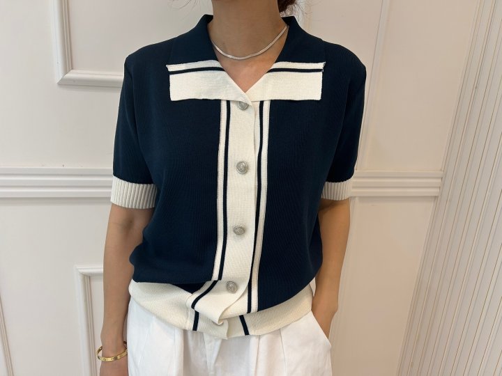 Pearls room - Korean Women Fashion - #momslook - Two-Tone Contrast Short Sleeve Knit Cardigan - 6