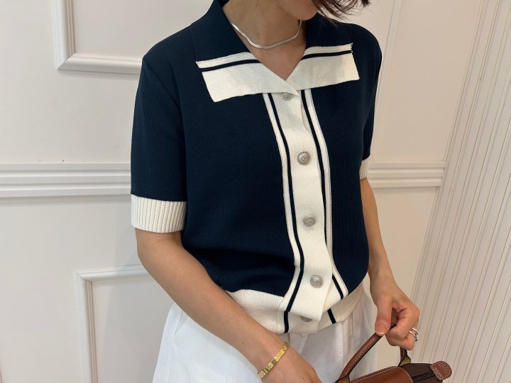 Pearls room - Korean Women Fashion - #momslook - Two-Tone Contrast Short Sleeve Knit Cardigan - 8